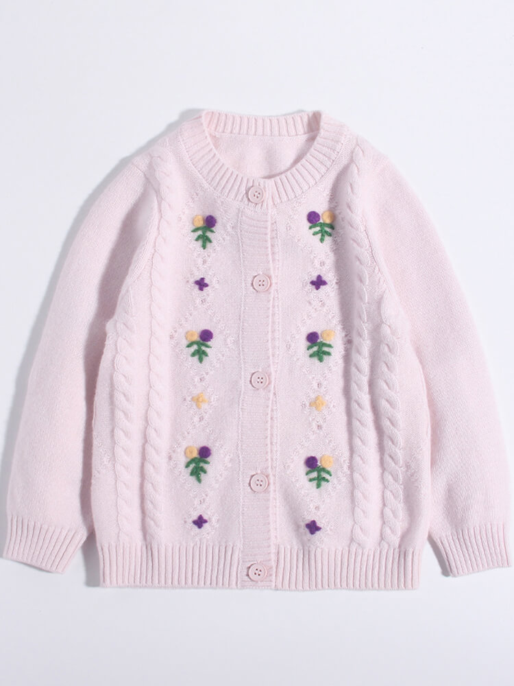 Girls Light Pink Floral Embroidered Cable Knit Cashmere Cardigan